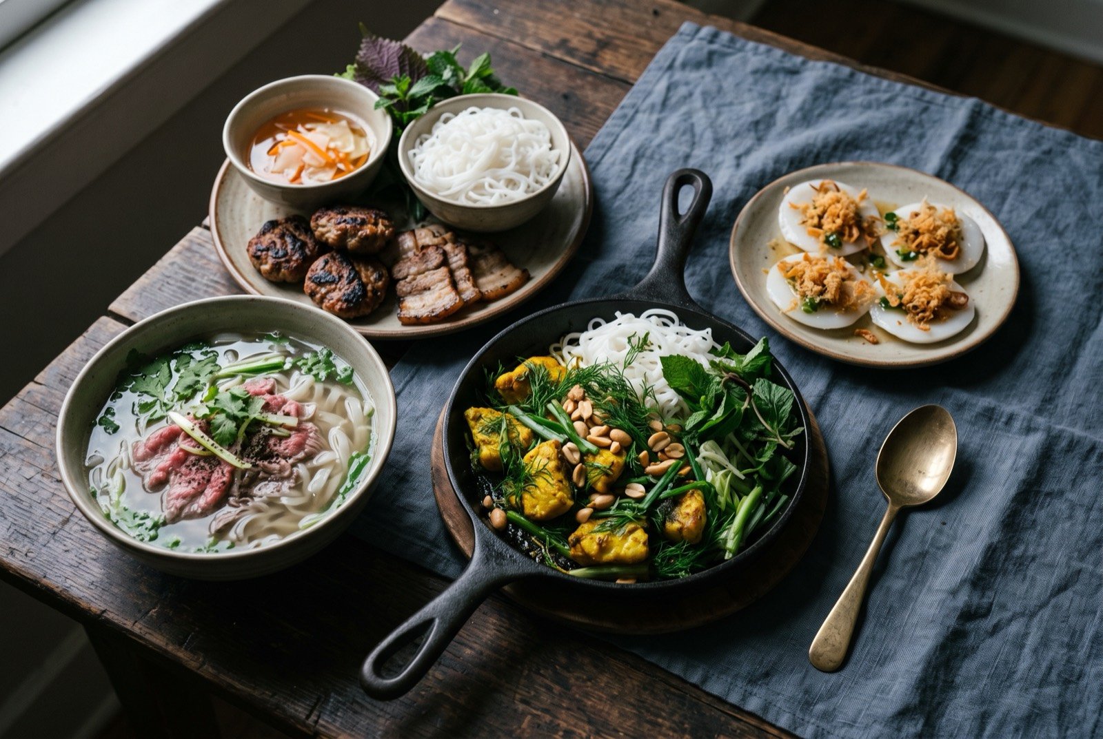 The Hanoi to Huế table: a wide dark wooden table seen from above, a deep bowl of clear phở broth with flat noodles and pink sliced beef, a plate of grilled bún chả pork patties beside a bowl of dipping broth and cold noodles.