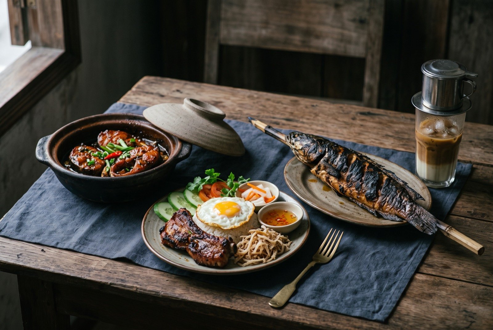 The Delta and Sài Gòn table: a wide dark wooden table seen from above, a clay pot of dark glazed cá kho tộ with its lid propped to one side, a plate of cơm tấm with a charred grilled pork rib.