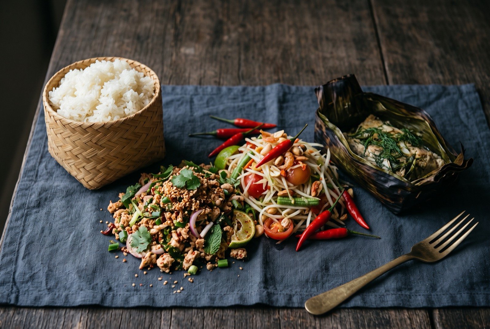 The One Bank to the Other table: a wide dark wooden table seen from above, a basket of glossy steamed sticky rice beside a mound of minced laab flecked with toasted rice powder and herbs.