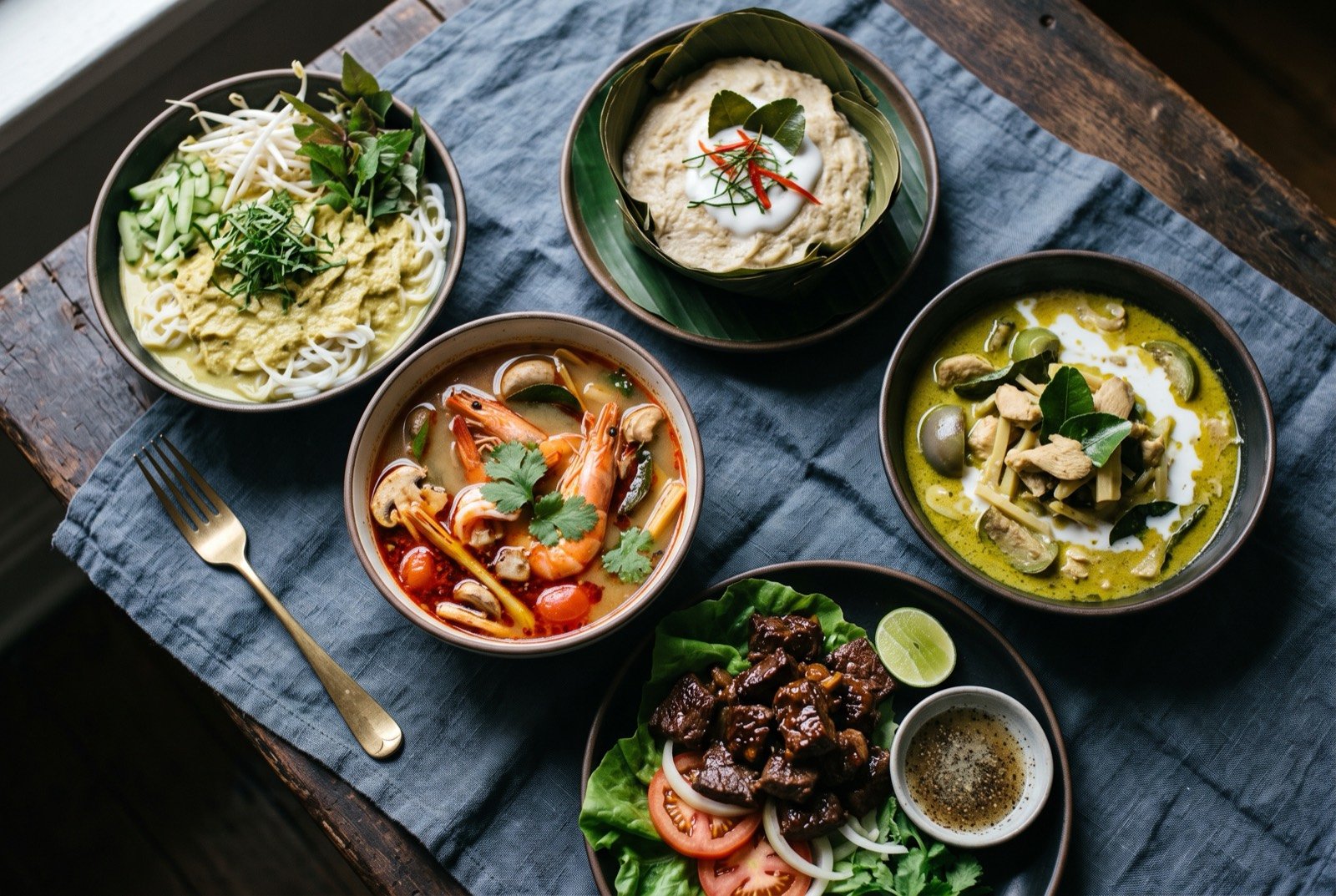 The Angkor and Ayutthaya table: a wide dark wooden table seen from above, a banana leaf cup of pale set amok trei fish mousse, a bowl of vivid green gaeng khiao wan with a split of coconut oil across its surface.