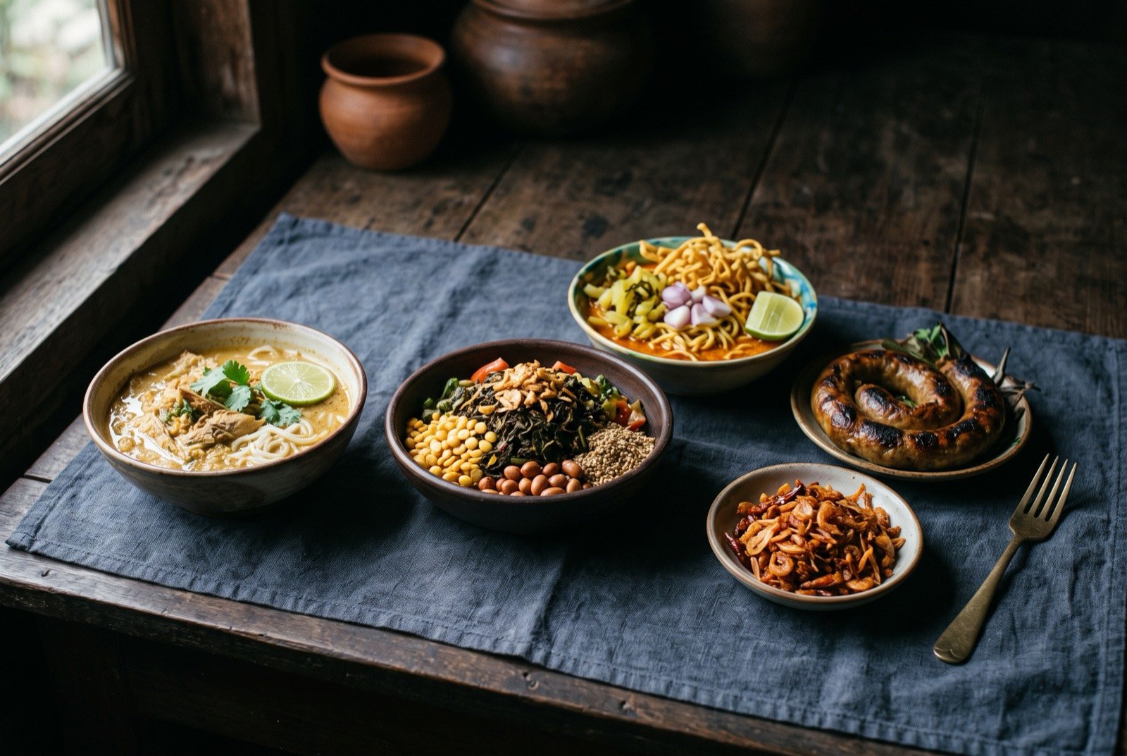 The Golden Triangle table: a wide dark wooden table seen from above, a bowl of pale golden mohinga fish and rice noodle soup, a mound of dark fermented lahpet thoke tea leaf salad dressed with fried garlic and sesame.
