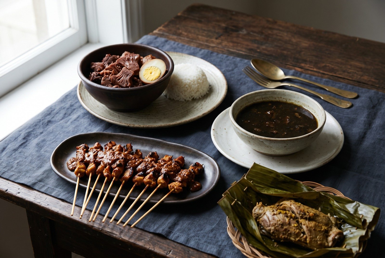 The Java and Madura table: a wide dark wooden table seen from above, a bowl of deep reddish-brown gudeg with a halved egg beside a mound of pale coconut rice.