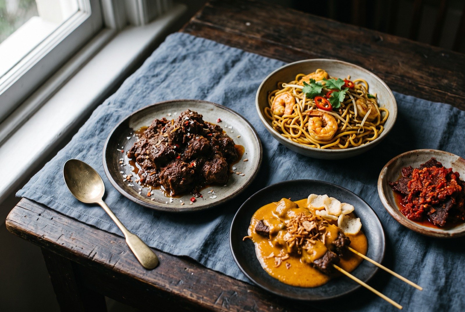 The Sumatra, the Malay Peninsula and the Melaka Strait table: a wide dark wooden table seen from above, a mound of near-black dry rendang glossy with rendered coconut oil beside a bowl of golden mie Aceh noodles tossed with prawns.