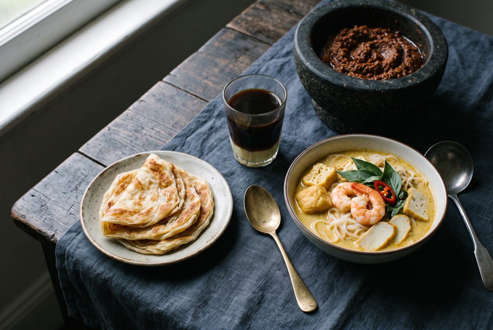 The Straits creole table: a wide dark wooden table seen from above, a stone mortar of dark red-brown rempah paste at one corner, a bowl of pale golden coconut laksa broth with noodles and prawns beside it.