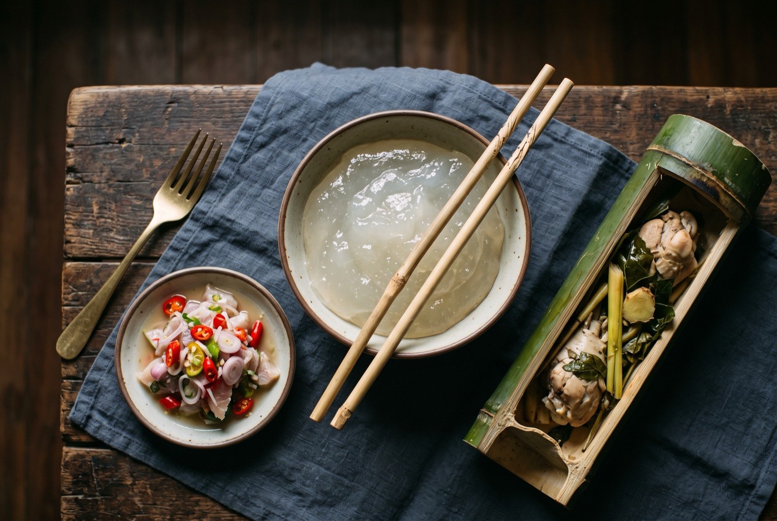 The Borneo table: a wide dark wooden table seen from above, a shallow bowl of translucent pale sago starch with a pair of bamboo twirling sticks resting across it.