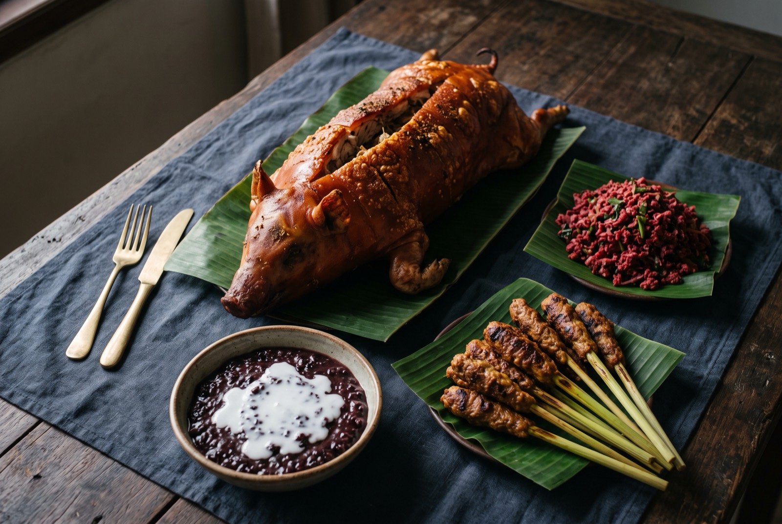 The Bali table: a wide dark wooden table seen from above, a whole roasted suckling pig at its centre with deep golden crackled skin split open.