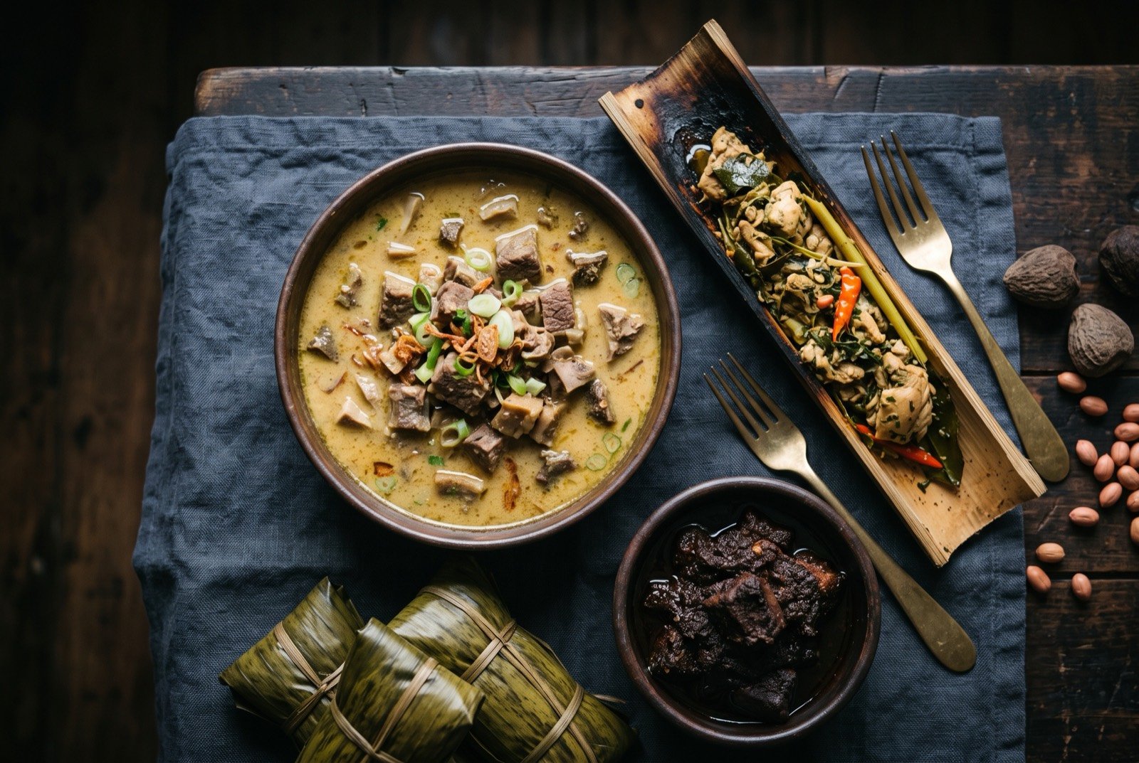 The Sulawesi, the Bugis, Makassar and Toraja World table: a dark wooden table seen from above, a deep bowl of thick pale golden coto Makassar with visible cubes of beef and offal at its centre.