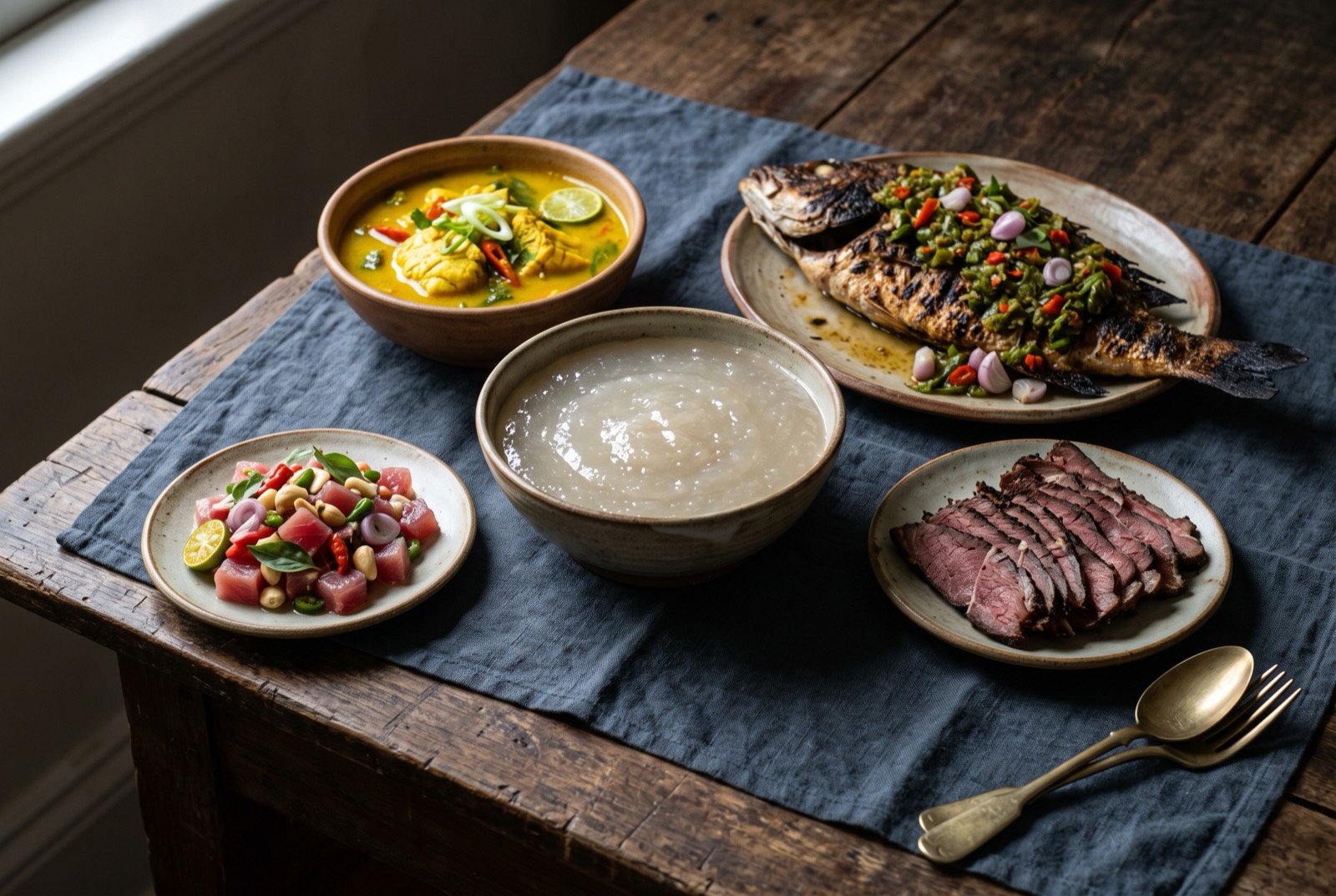 The Maluku and Timor table: a wide dark wooden table seen from above, a bowl of translucent sago porridge beside a small bowl of vivid yellow turmeric fish soup.
