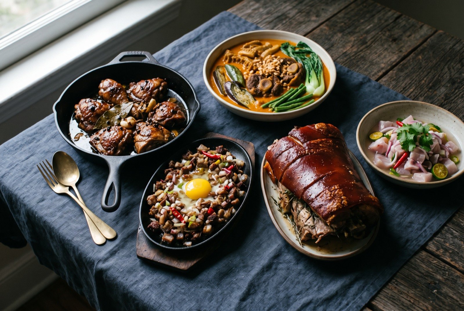 The Luzon and Visayas table: a wide dark wooden table seen from above, a skillet of dark glossy chicken adobo beside a sizzling plate of chopped pork sisig with a raw egg cracking across it.
