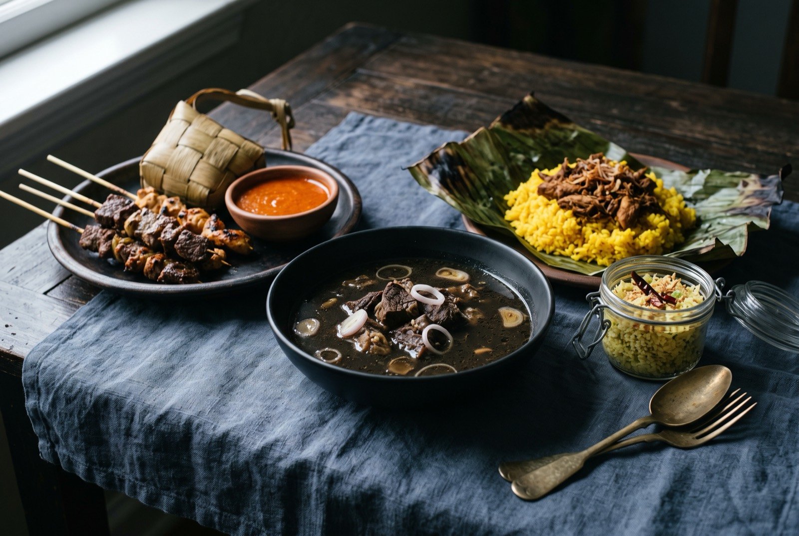 The Moro South, Mindanao and Sulu table: a wide dark wooden table seen from above, a shallow bowl of matte-black tiyula itum beef broth at the centre with pale shallot rings floating on its surface.