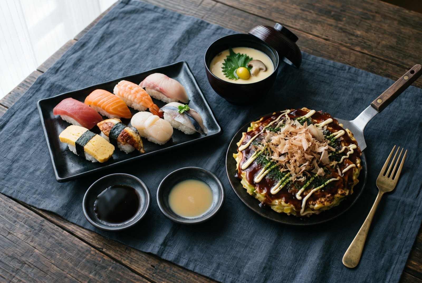 The Kansai-Kanto table: a wide dark wooden table seen from above, a plate of glossy nigiri-zushi, a small lacquered bowl of chawanmushi, a mound of okonomiyaki finished with dark sauce and bonito flakes.