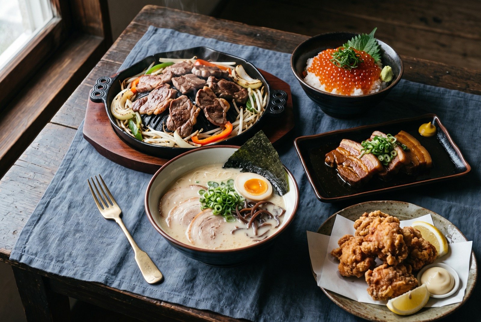 The Hokkaido and Kyushu table: a wide dark wooden table seen from above, a cast iron dome of grilled Jingisukan lamb over vegetables, a bowl of cloudy Hakata tonkotsu ramen.