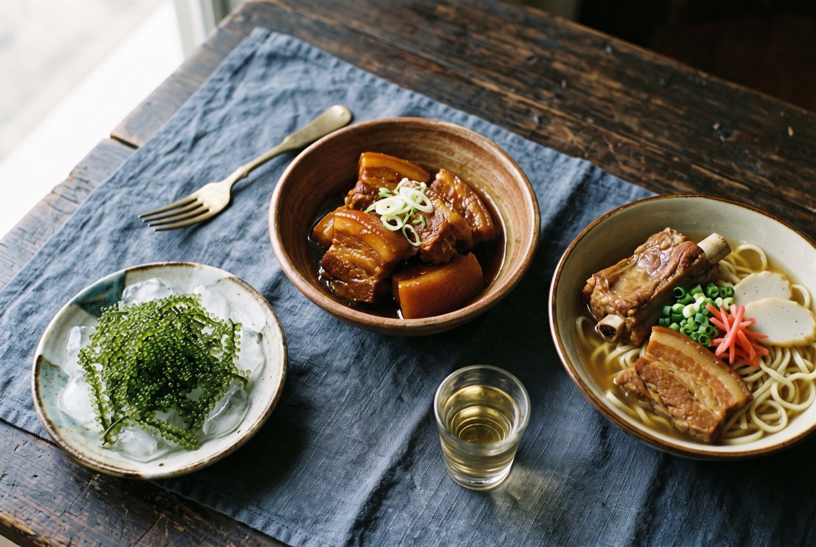 The Okinawa and Ryukyu Islands table: a dark wooden table seen from above, a bowl of pork belly rafute glazed deep amber, a small plate of bright green sea grapes.