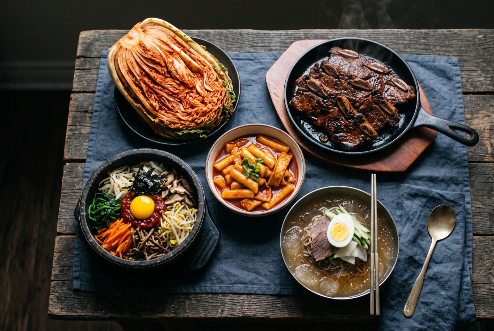 The Korean Peninsula table: a wide dark wooden table seen from above, a whole head of red-packed baechu kimchi split open, a sizzling plate of charcoal-grilled galbi ribs.