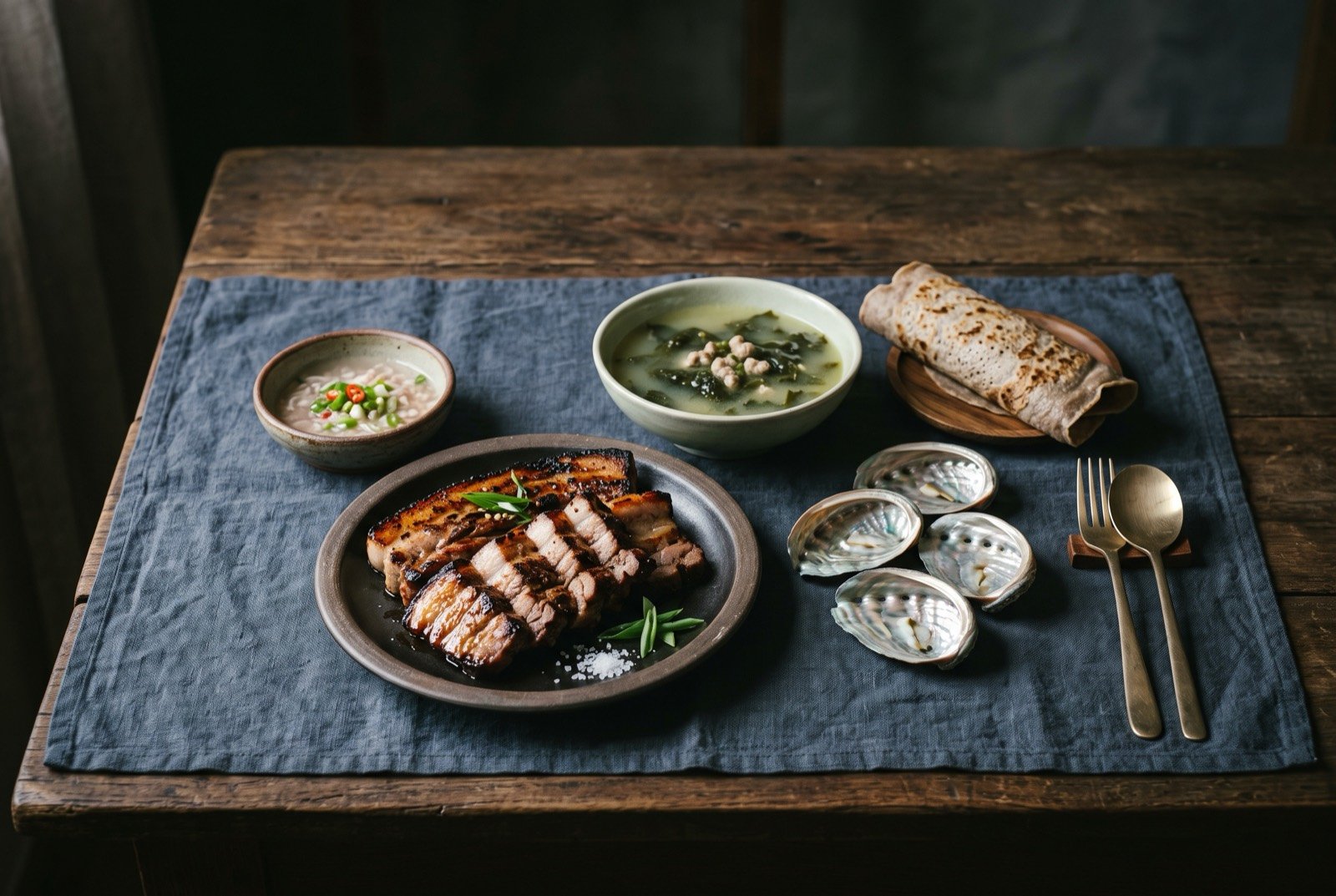 The Jeju Island table: a wide dark wooden table seen from above, thick grilled slices of black pork beside a small bowl of pale fermented dipping sauce.