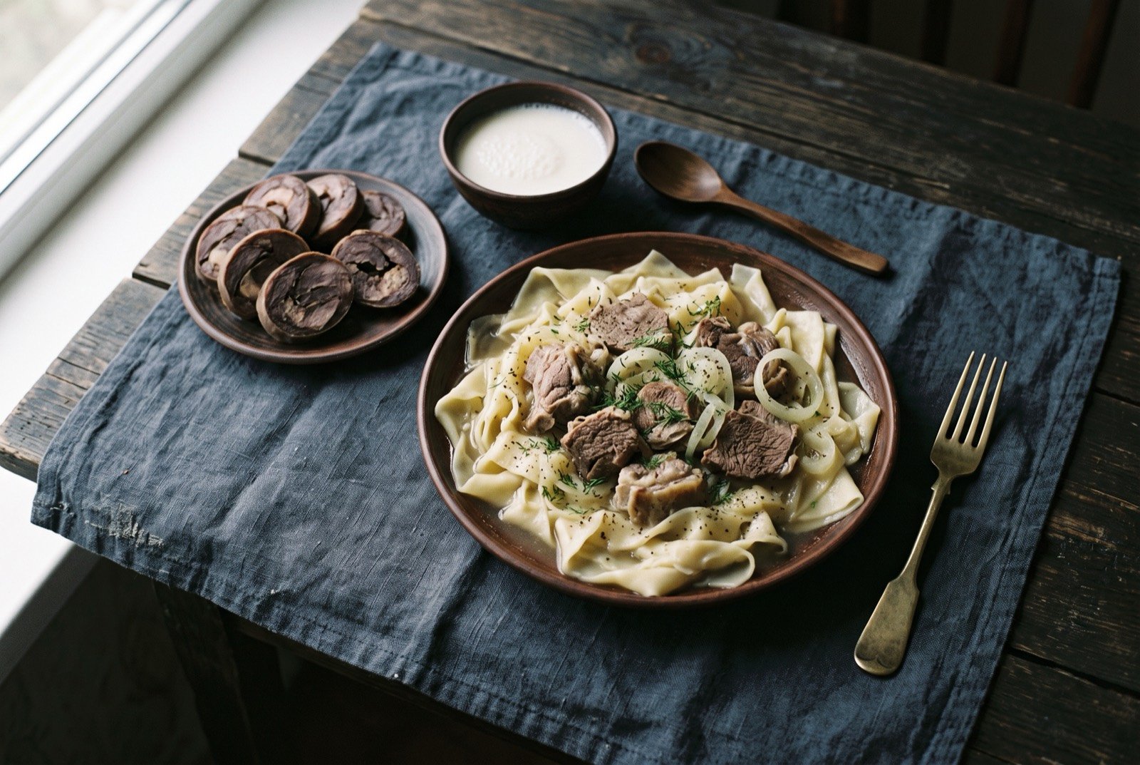 The Nomad Steppe table: a wide dark wooden table seen from above, a large shared plate of beshbarmak with flat noodles and boiled meat, coiled slices of kazy horsemeat sausage.