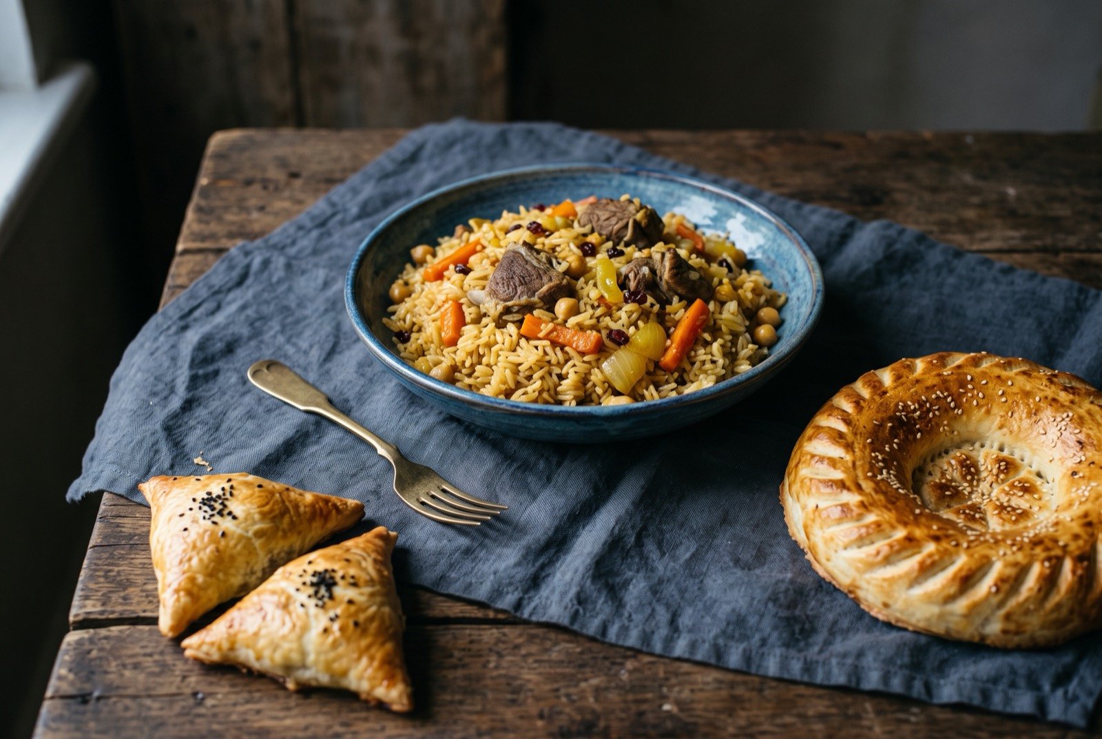 The Silk Road Oases table: a wide dark wooden table seen from above, a wide dish of golden palov with visible carrots and meat, a round stamped loaf of non bread.