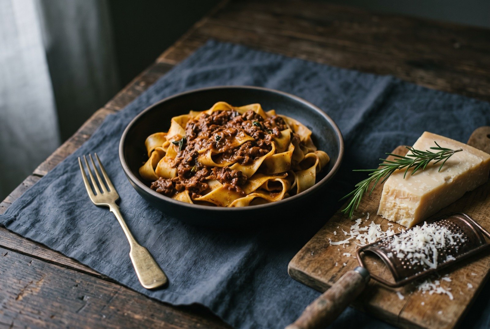The Northern and Central Italy table: a wide dark wooden table seen from above, a shallow bowl of golden saffron risotto beside a nest of tagliatelle in meat ragù.