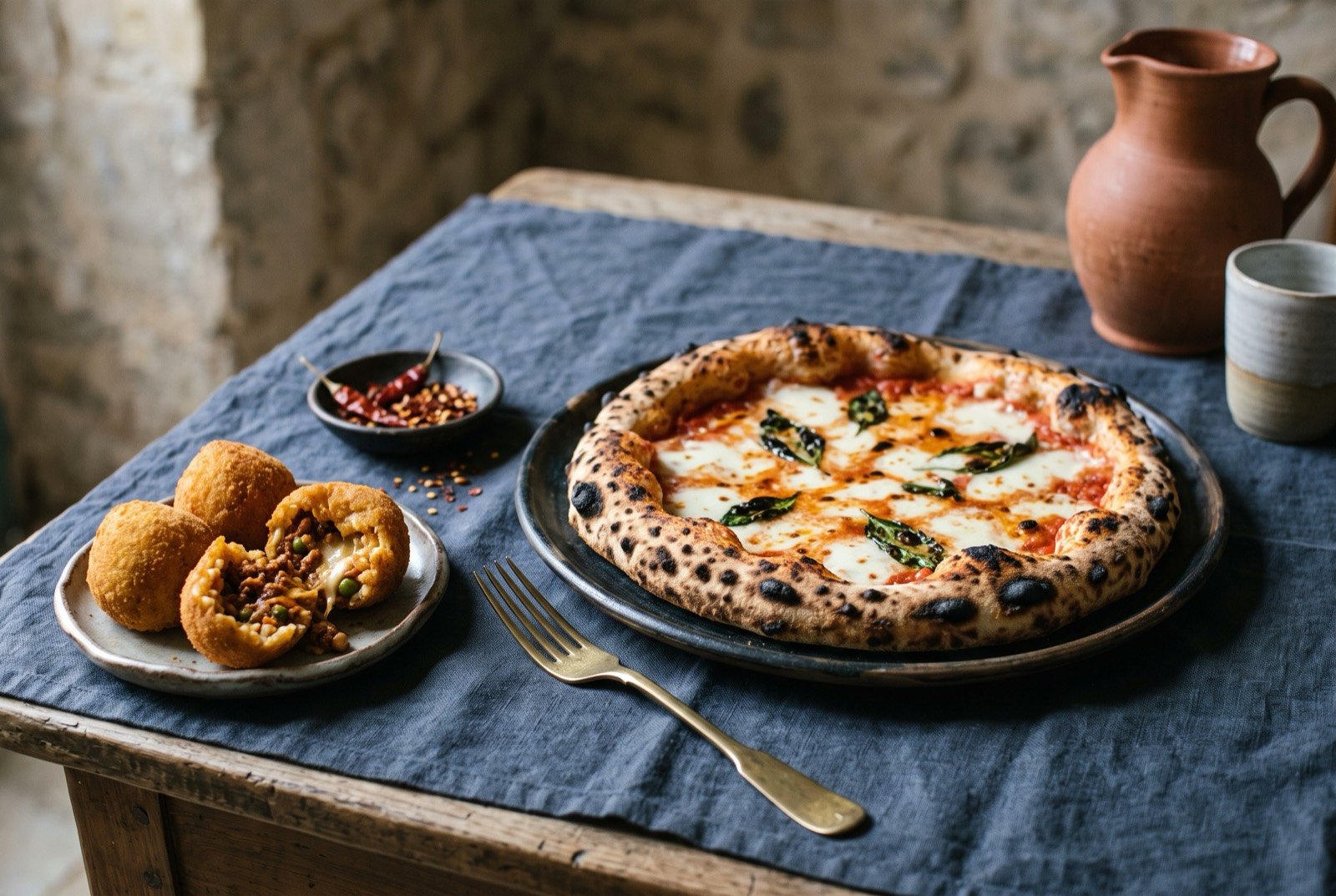 The Southern Italy, Sicily and Malta table: a wide dark wooden table seen from above, a whole leopard-spotted Neapolitan pizza beside a pile of golden fried arancini cut open to show their filling.