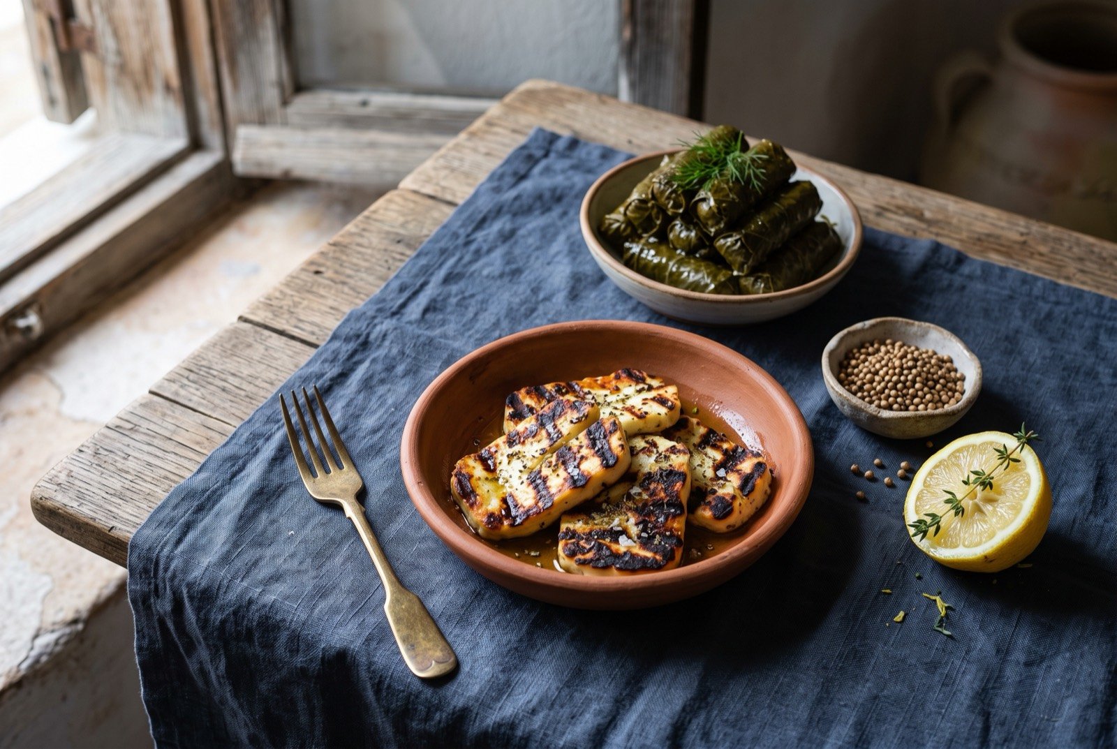 The Greece and Cyprus table: a wide dark wooden table seen from above, a dish of moussaka cut to show its layers beside a plate of grilled halloumi slices.