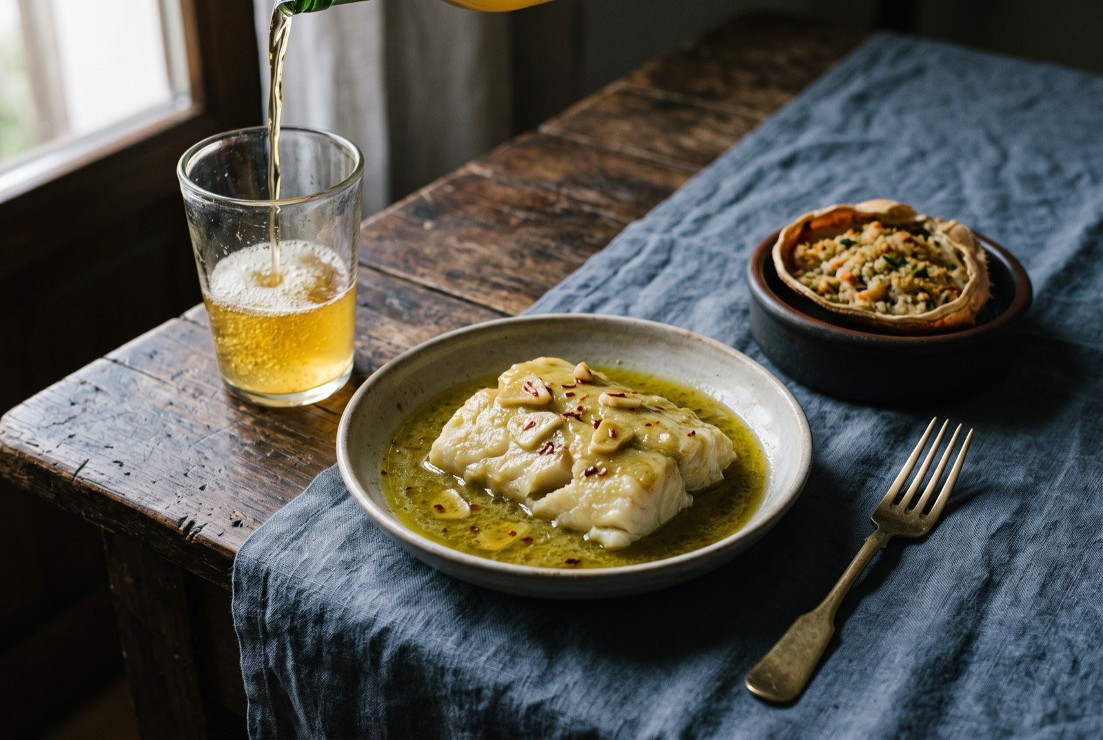 The Cider and Cod Coast table: a wide dark wooden table seen from above, a terracotta cazuela of golden cod in pil-pil sauce, a whole spider crab shell filled with gratineed crab meat.