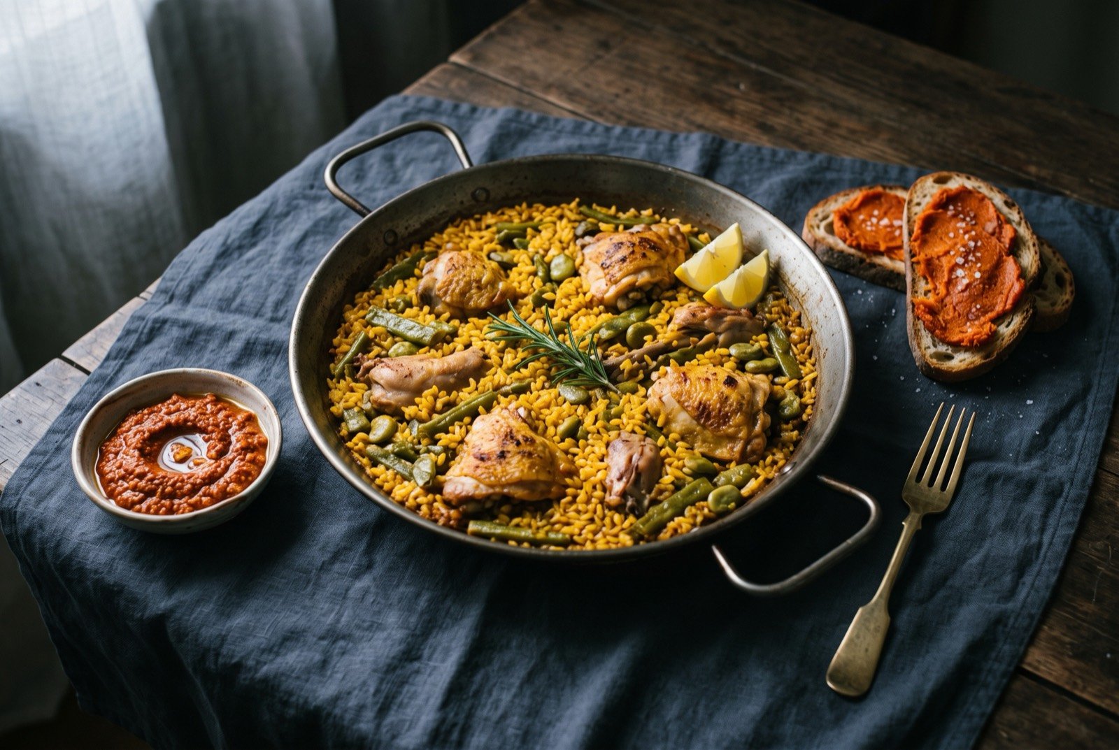 The Rice Coast table: a wide dark wooden table seen from above, a wide pan of golden saffron paella valenciana with visible rice grains and chicken.