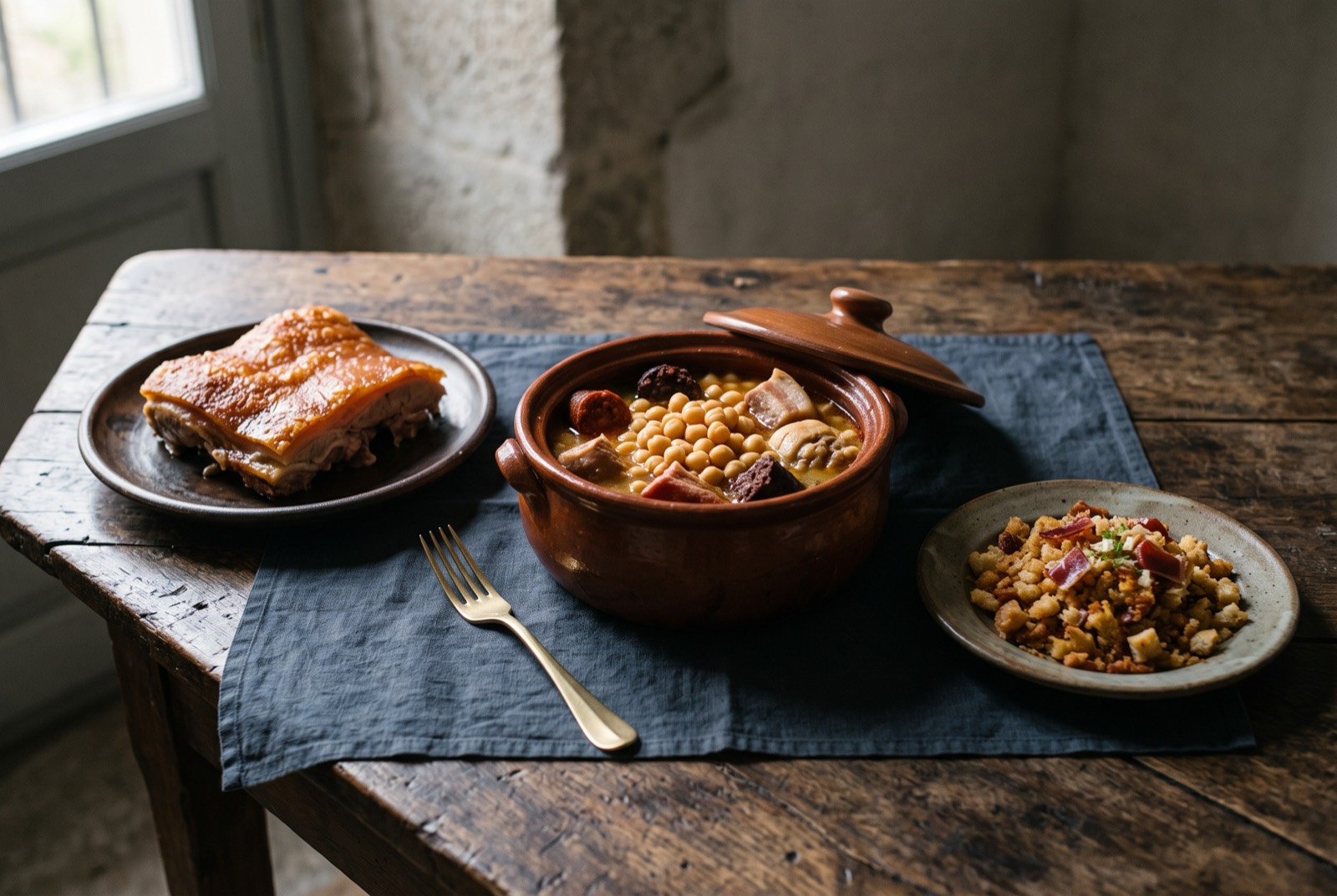 The Roast, the Pot and the Acorn Line table: a wide dark wooden table seen from above, a deep terracotta pot of cocido madrileño with chickpeas and meat, a piece of golden crackling-skinned cochinillo asado.