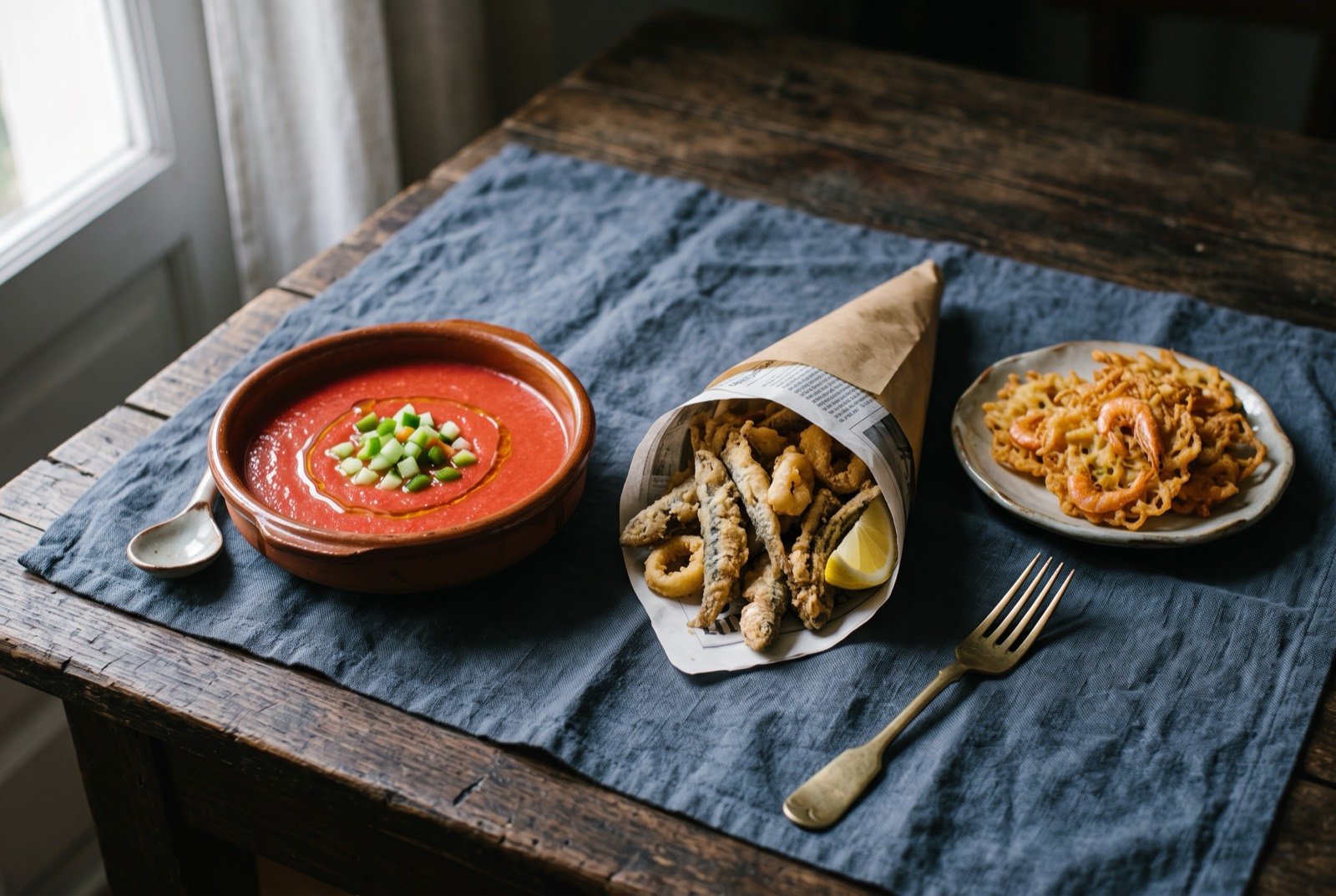The Andalusia table: a wide dark wooden table seen from above, a bowl of vivid red gazpacho andaluz, a paper cone of golden pescaíto frito, and a small plate of tortillitas de camarones.