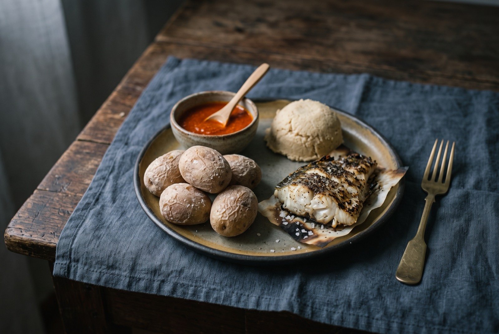 The Canary Islands table: a wide dark wooden table seen from above, a small pile of wrinkled papas arrugadas with a bowl of red mojo sauce, a scoop of pale gofio.