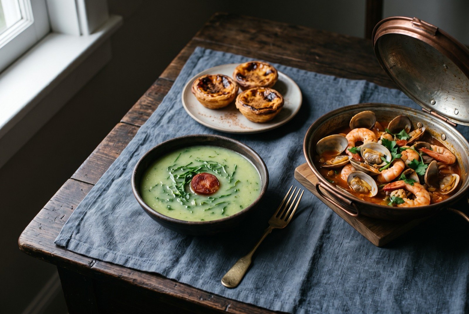 The Portugal table: a wide dark wooden table seen from above, a bowl of pale green caldo verde with a chouriço coin at its centre, an open hinged copper cataplana with clams and pink prawns in a rust red broth beside it.