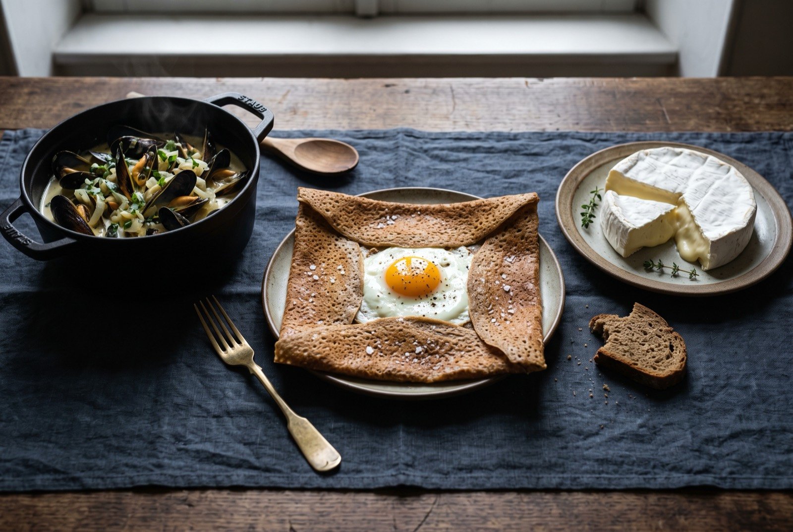 The Butter, Cider and Buckwheat Line table: a wide dark wooden table seen from above, a shallow dish of golden braised chicken in pale cream sauce, a folded buckwheat galette with blistered edges.