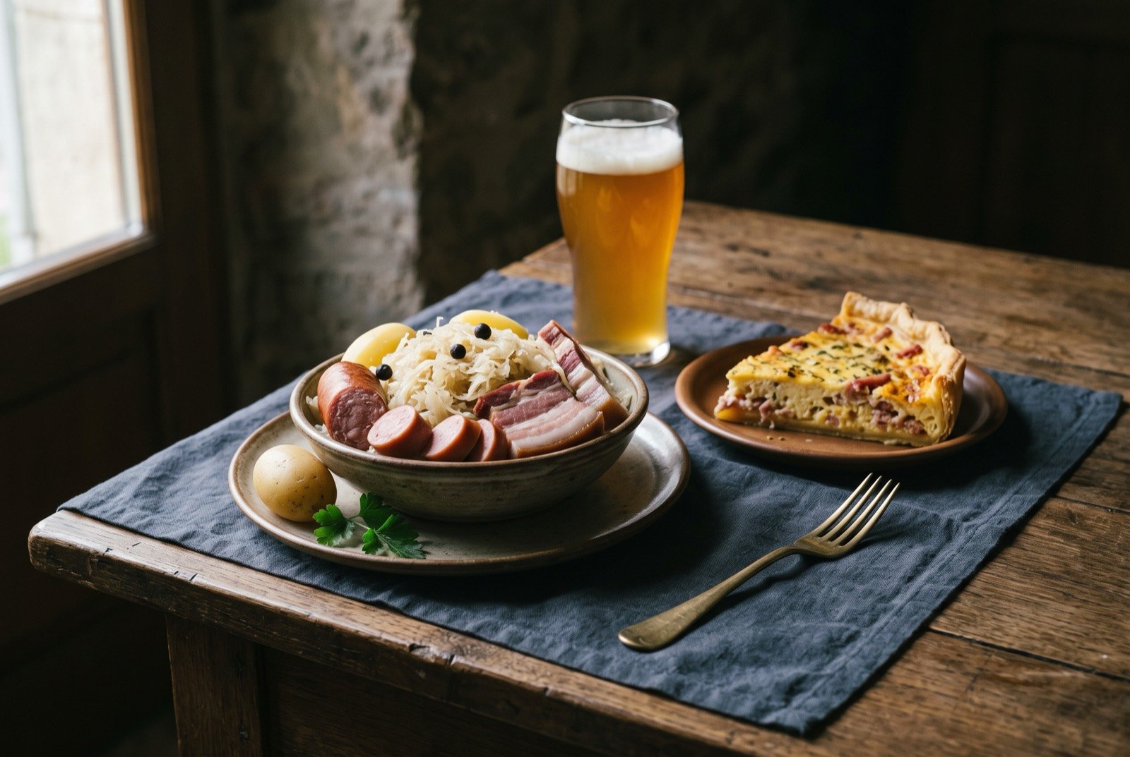 The Alsace, Lorraine and Nord table: a wide dark wooden table seen from above, a heap of golden choucroute garnie with smoked sausage and potatoes at its centre.