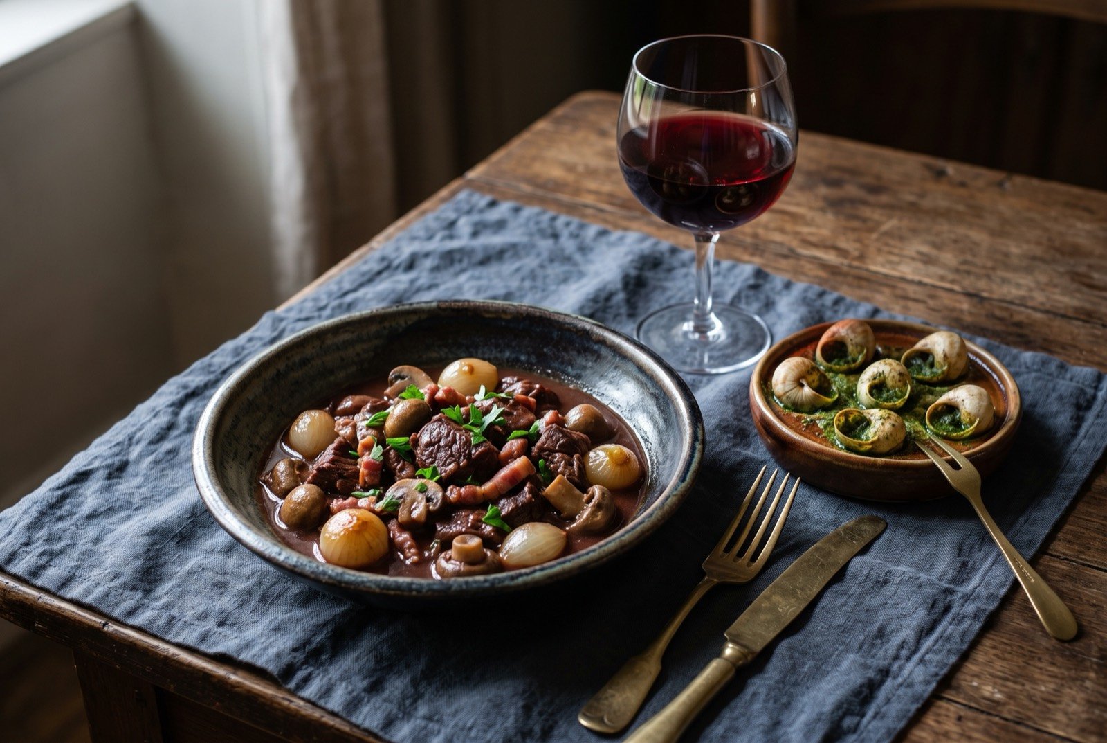The Burgundy, Lyon and the Rhône table: a wide dark wooden table seen from above, a pot of dark burgundy red boeuf bourguignon at its centre, a small dish of snails in garlic butter beside it.