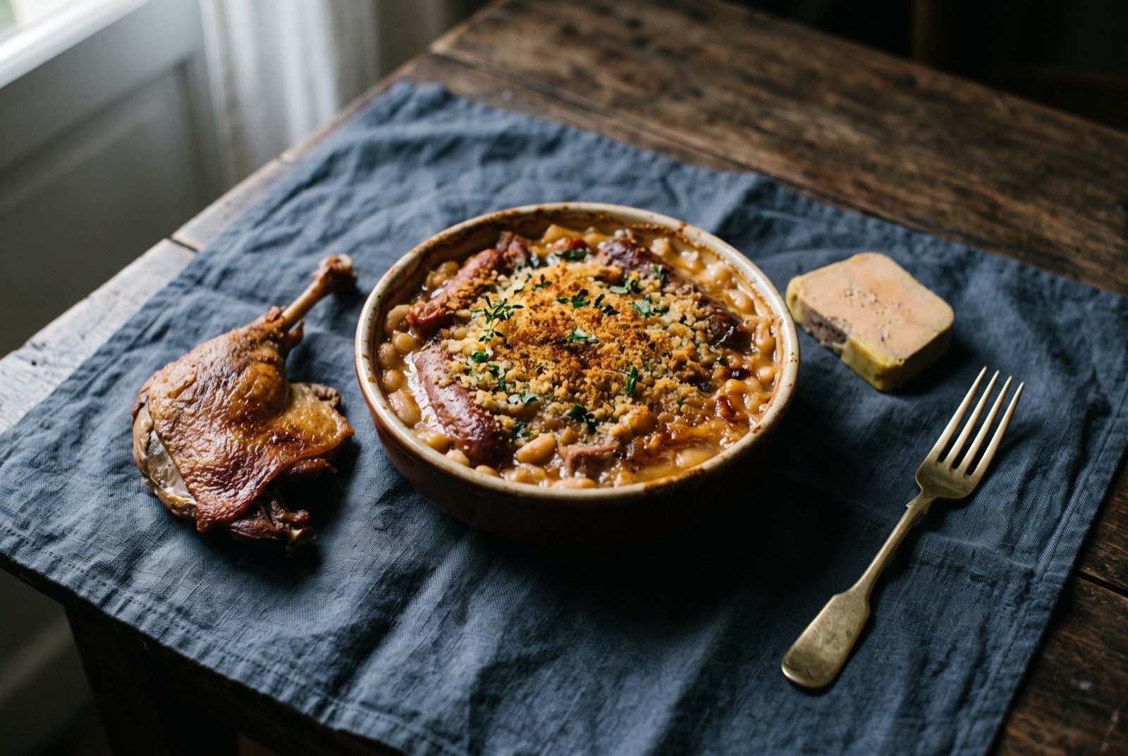 The Gascony and French Basque Country table: a wide dark wooden table seen from above, a whole confit duck leg glistening with rendered fat, a few thin rosy slices of seared magret de canard fanned beside it.