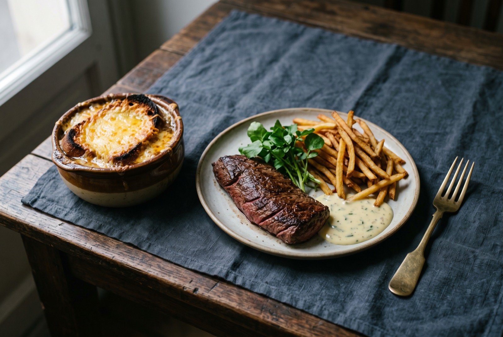 The Paris and the classical table: a wide dark wooden table seen from above, a bowl of onion soup gratinée with its blistered golden cheese crust, a thick steak with a pool of pale béarnaise sauce and crisp matchstick fries.