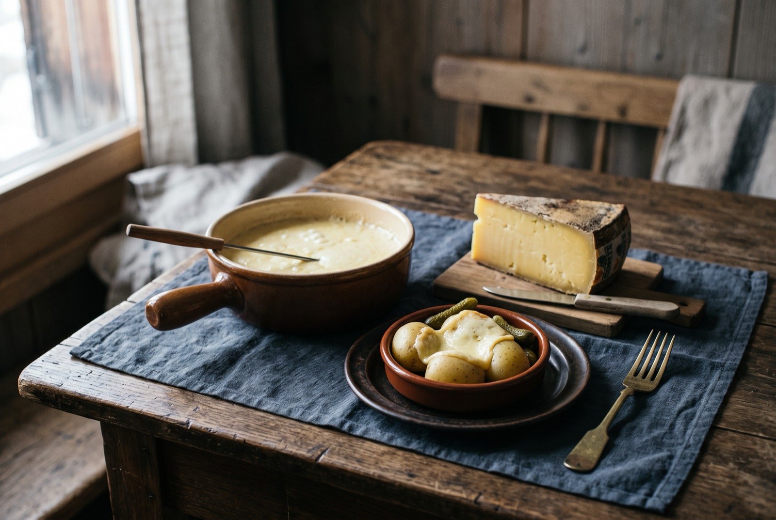 The Alps and French-speaking Switzerland table: a wide dark wooden table seen from above, a pot of pale melted cheese fondue with a long fork resting in it, a small dish of half-melted raclette cheese beside boiled potatoes.