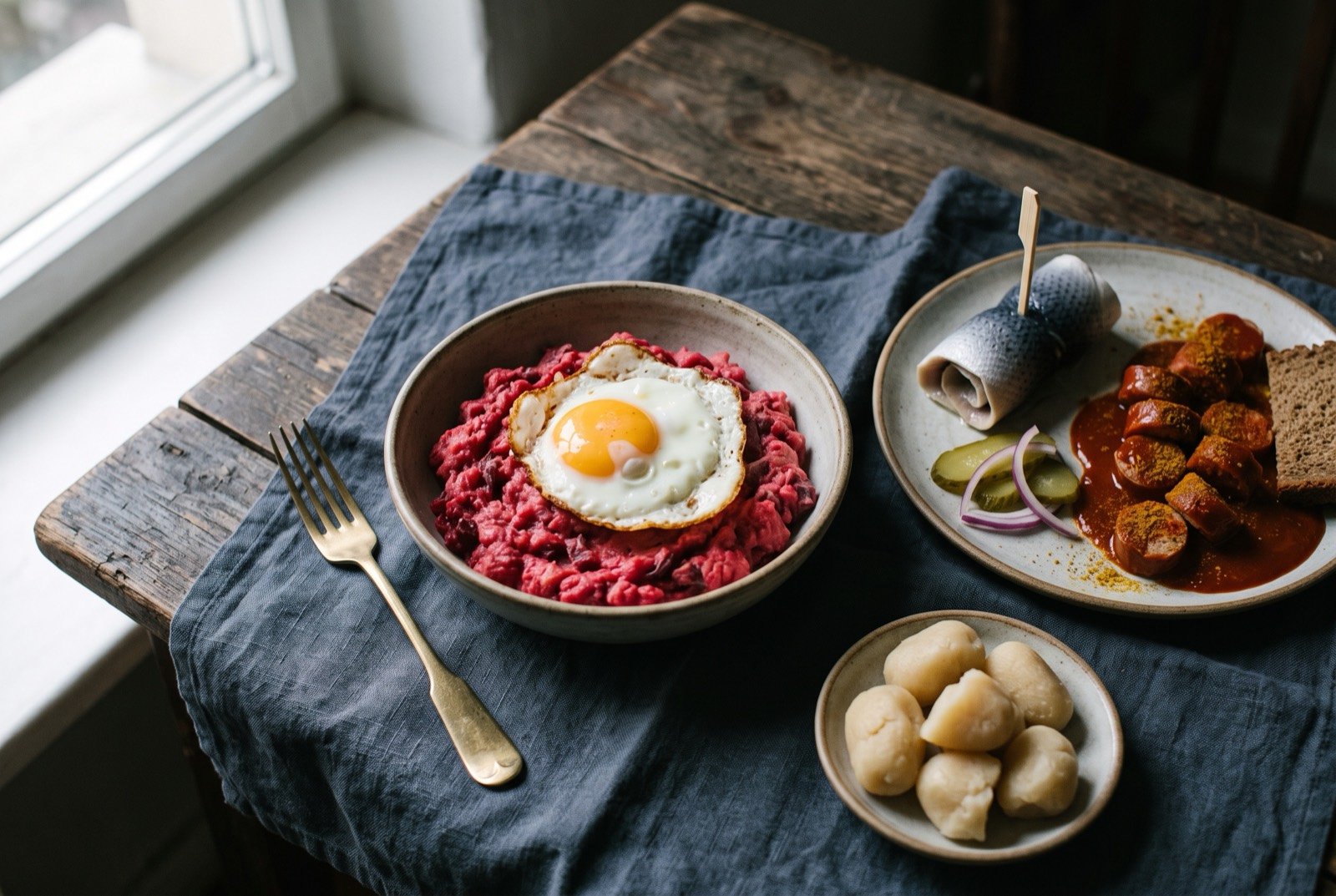 The North Germany and the Baltic Coast table: a wide dark wooden table seen from above, a bowl of pink-red Labskaus with a fried egg on top, a rolled herring fillet and a sliced currywurst with its curry sauce.
