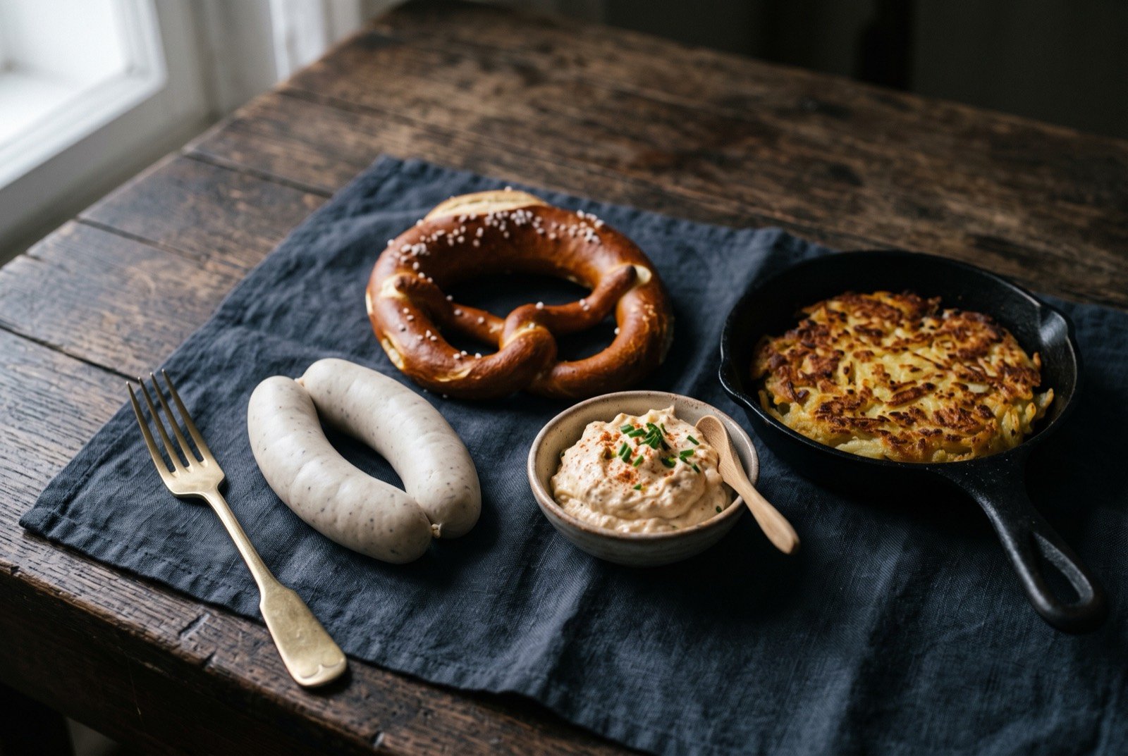 The Bavaria, the Alps and German Switzerland table: a wide dark wooden table seen from above, a pair of pale weisswurst sausages beside a dark golden lye pretzel, a scoop of pale obatzda cheese spread.