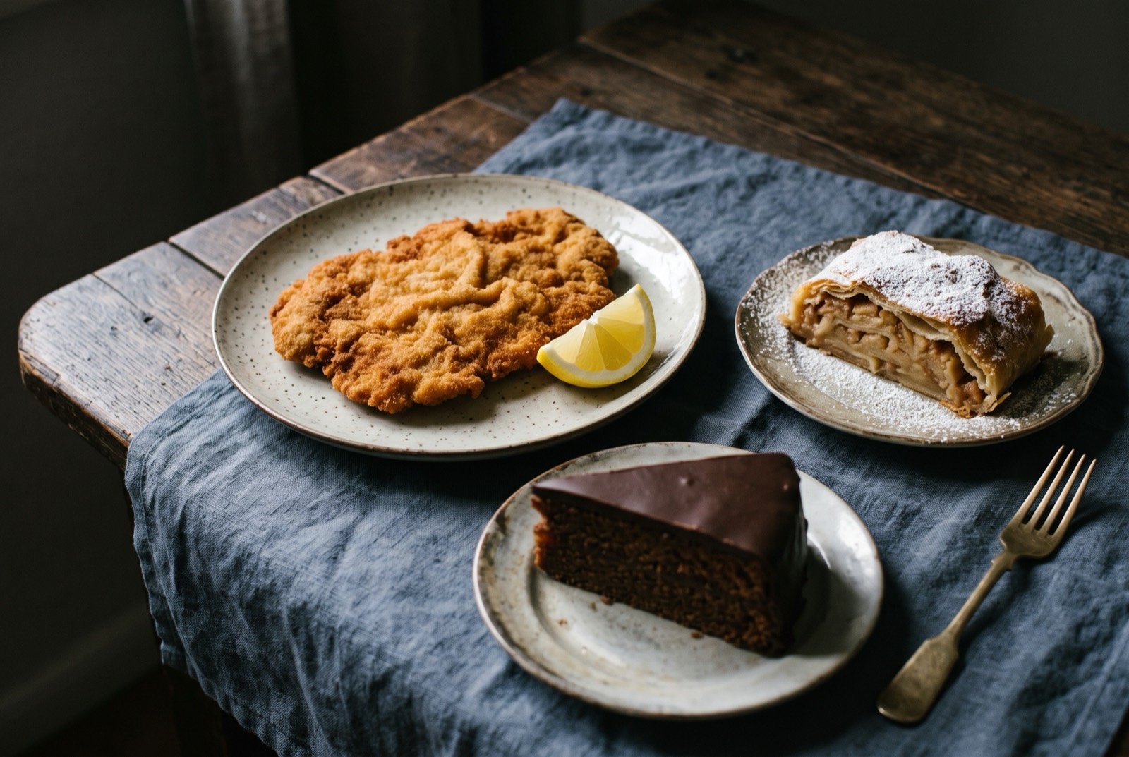 The Austria and the Habsburg Table table: a wide dark wooden table seen from above, a large golden breaded wiener schnitzel with a lemon wedge, a slice of apfelstrudel dusted with icing sugar.