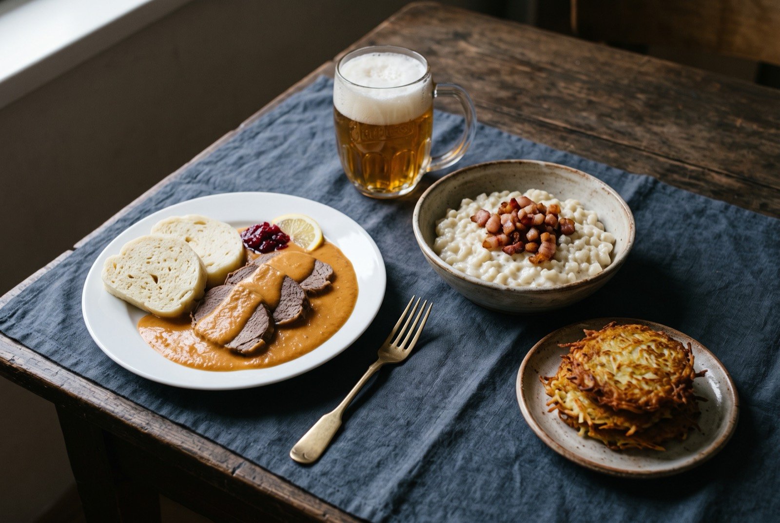 The Czech Republic and Slovakia table: a wide dark wooden table seen from above, a plate of sliced svíčková with a pale dumpling, a bowl of bryndzové halušky topped with bacon.