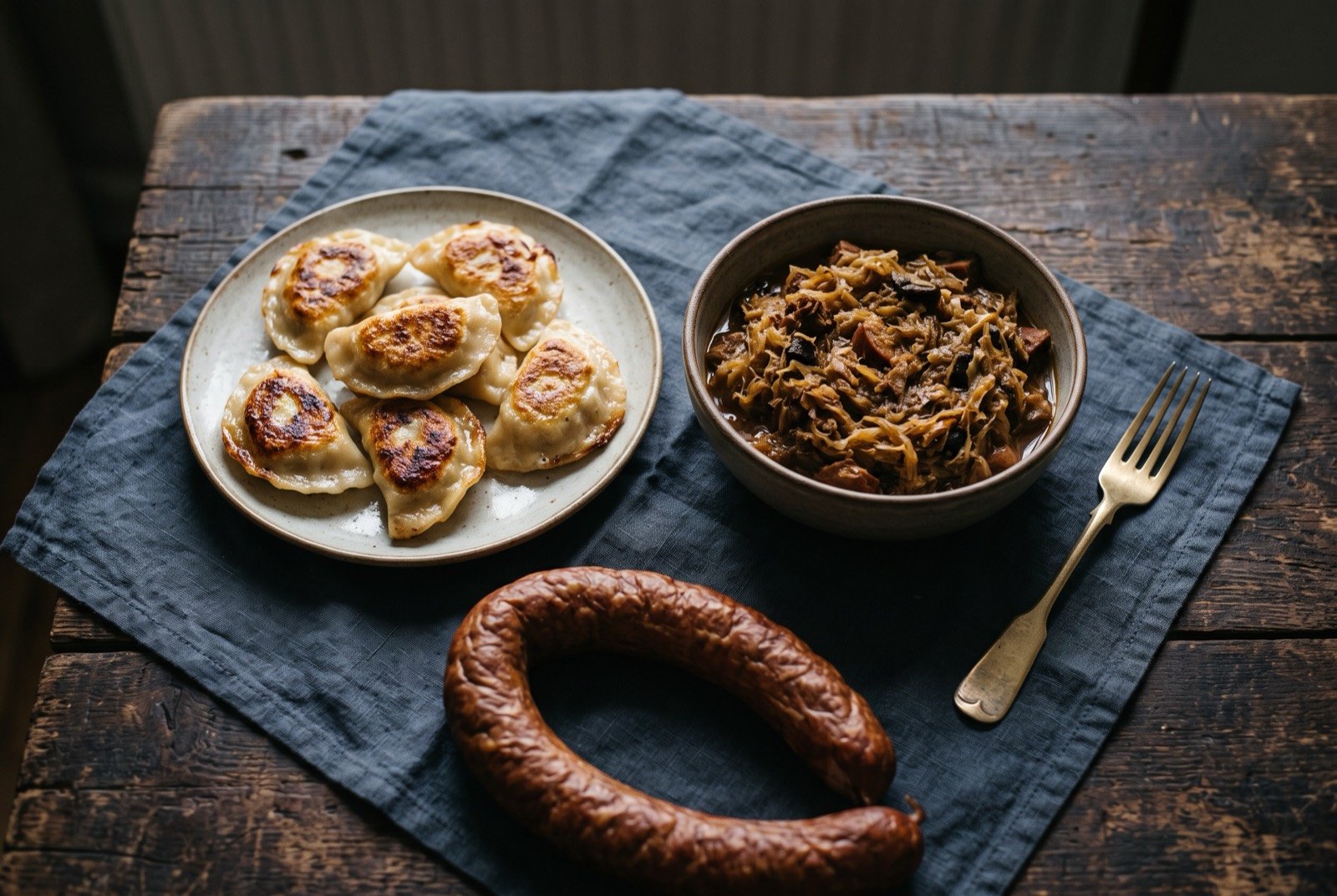 The Poland table: a wide dark wooden table seen from above, a plate of pierogi with browned edges, a deep bowl of dark bigos hunter's stew.