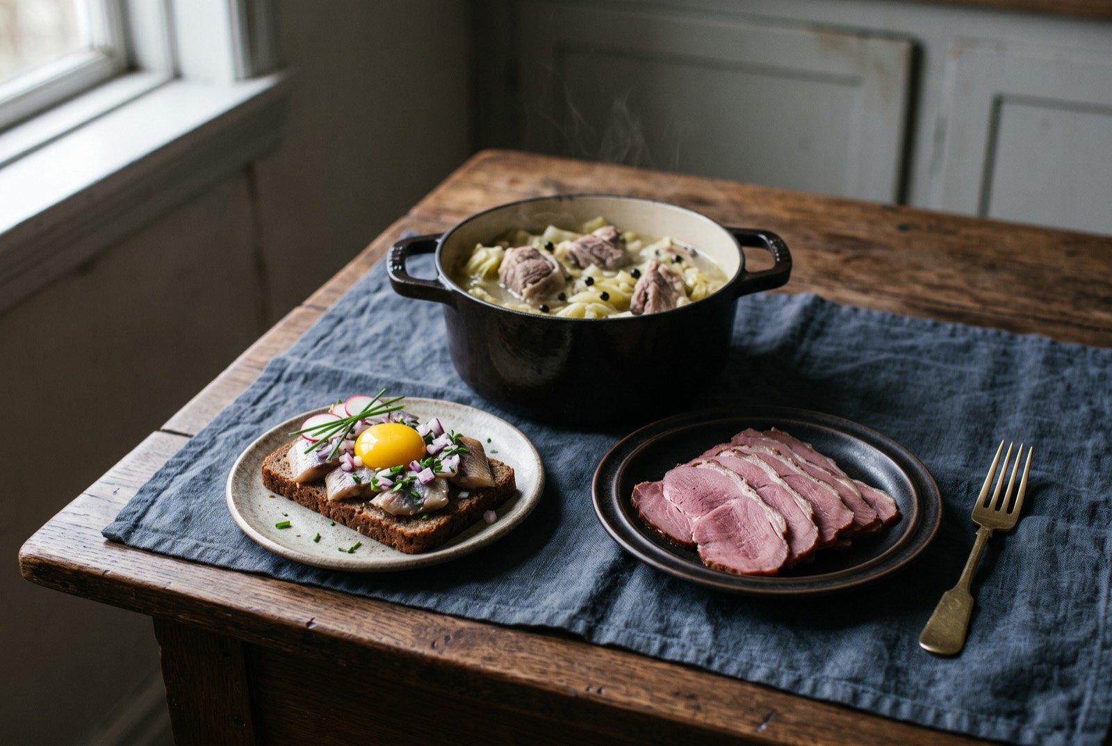 The Denmark, Norway and Iceland table: a wide dark wooden table seen from above, a slice of rye bread topped with smoked herring and a raw egg yolk at its centre.