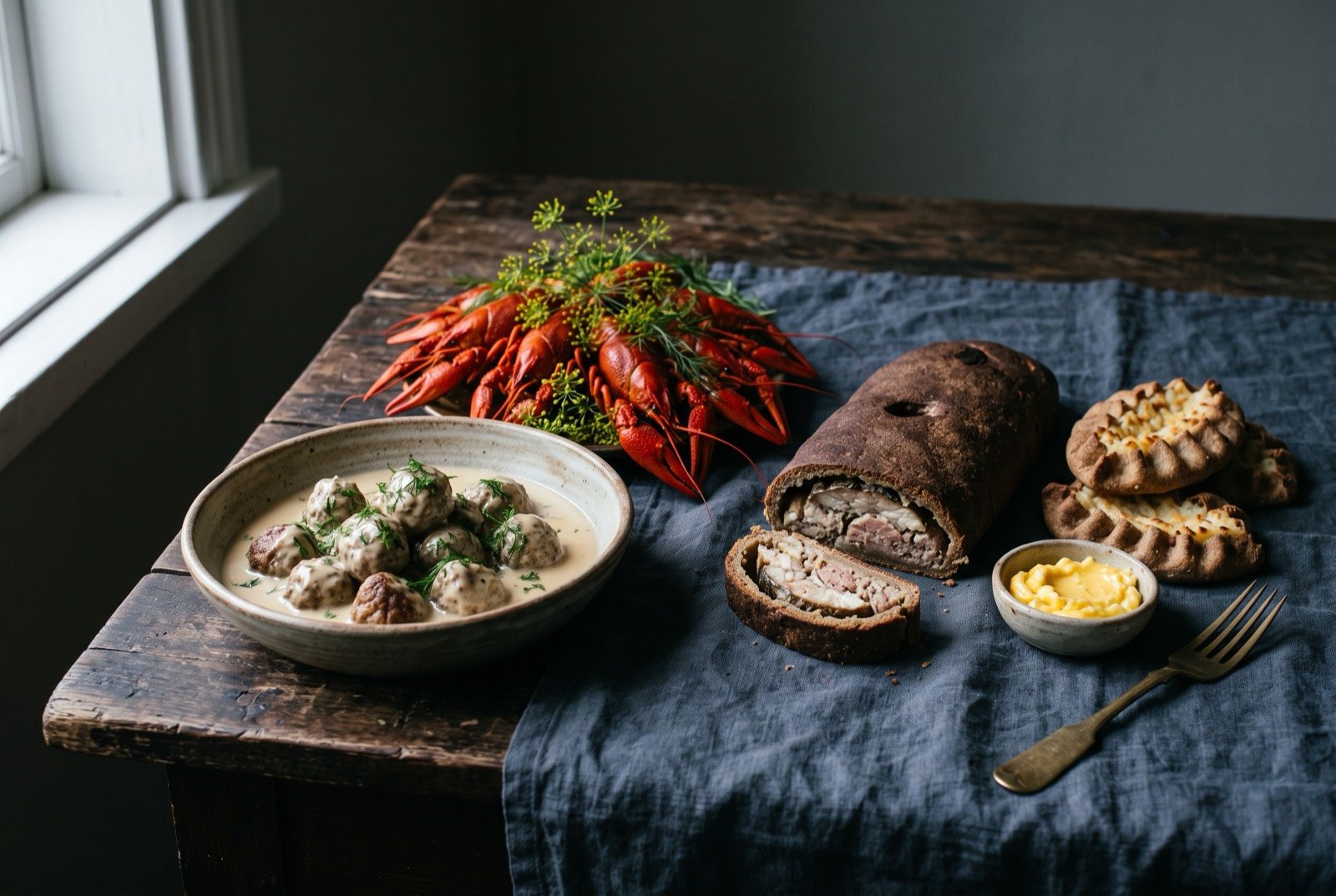 The Sweden, Finland and Sápmi table: a wide dark wooden table seen from above, a cluster of pale cream-sauced meatballs beside a mound of piled red crayfish threaded with dill.