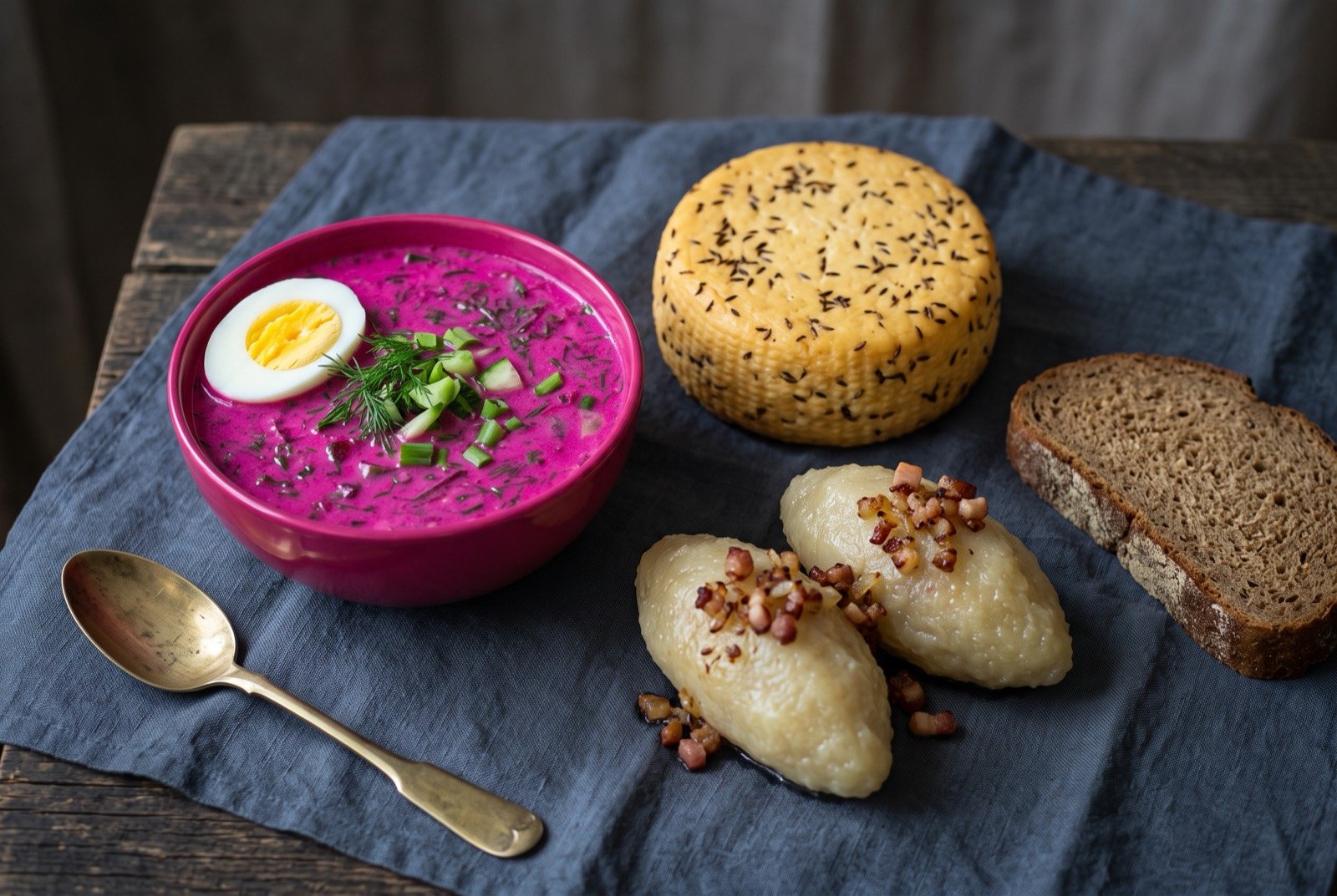 The Estonia, Latvia and Lithuania table: a wide dark wooden table seen from above, a vivid magenta bowl of šaltibarščiai with a boiled egg half resting at its edge.