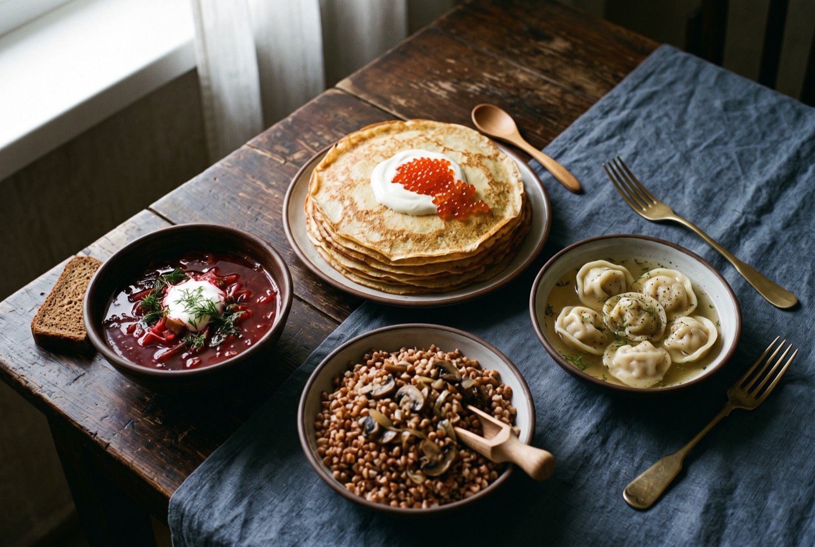 The Russia table: a wide dark wooden table seen from above, a stack of golden blini topped with smetana and red caviar at its centre, a bowl of deep garnet Moscow borscht beside it.