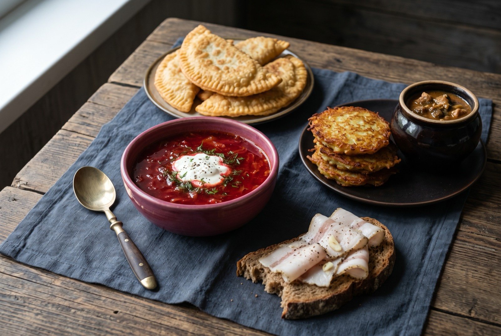 The Ukraine and Belarus table: a wide dark wooden table seen from above, a deep magenta bowl of borscht with a dollop of soured cream at its centre, a small pile of golden crescent-shaped chebureki.