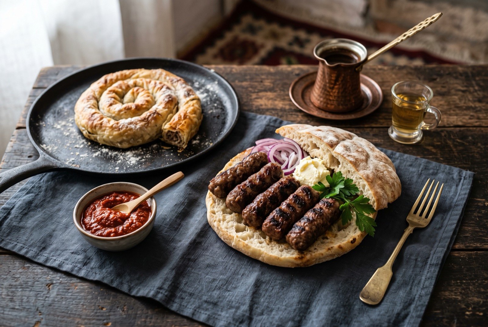 The Western Balkan table: a wide dark wooden table seen from above, a row of charred grilled ćevapi resting on a halved somun at the centre, a small white bowl of deep red ajvar to one side.