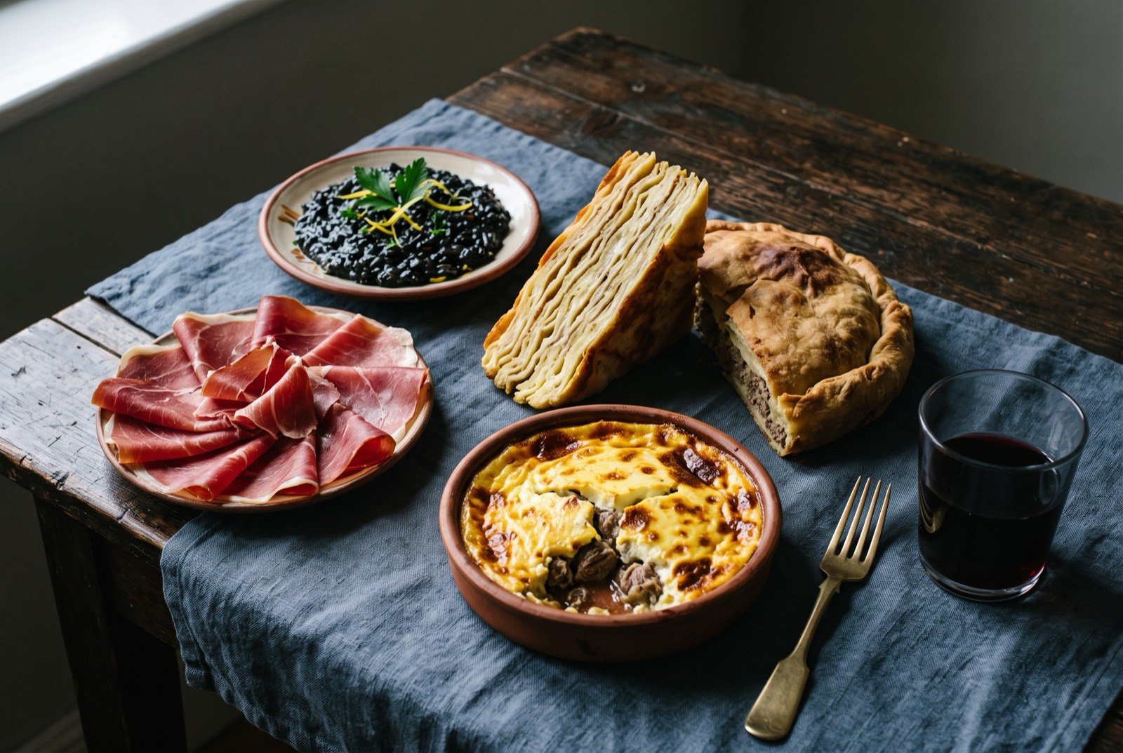 The Adriatic and Albania table: a wide dark wooden table seen from above, thin ruby-red slices of cured ham fanned beside a small dish of glossy black cuttlefish-ink risotto.