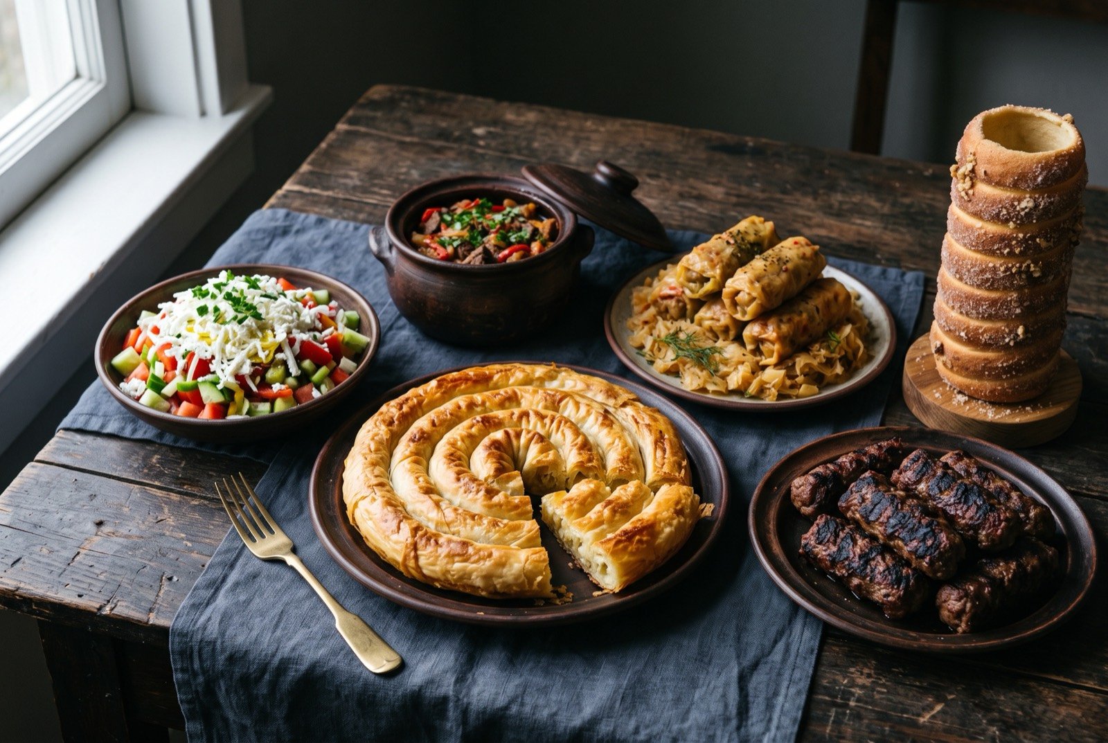 The Bulgaria and Romania table: a wide dark wooden table seen from above, a coiled wedge of golden banitsa beside a bowl of shopska salad topped with grated white cheese.
