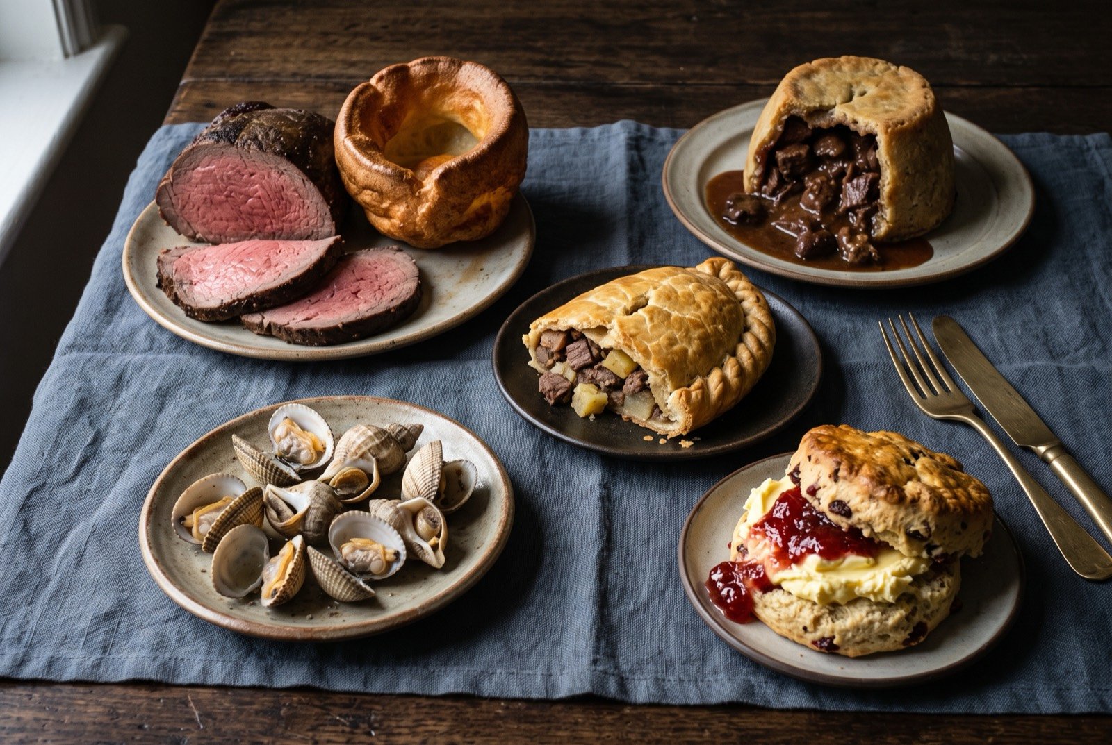 The England, the South and the West Country table: a wide dark wooden table seen from above, thick slices of pink roast beef beside a single large golden risen Yorkshire pudding.